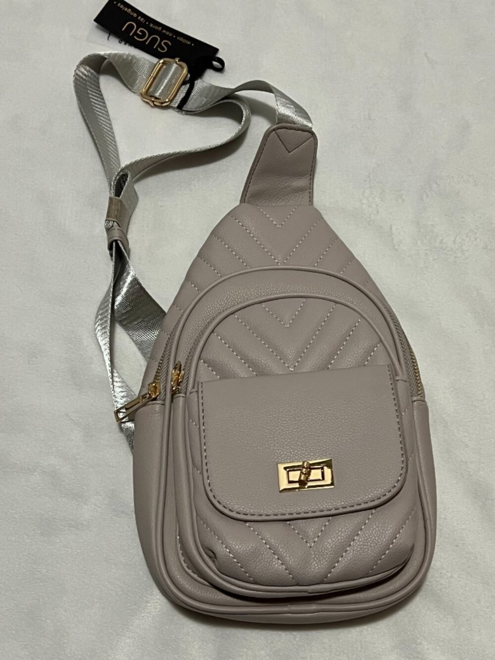 SUGU Light Gray Crossbody Sling Bag Vegan Leather Mini Backpack 3 Compartments